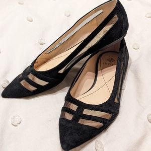 Isola 8.5M Black Suede Pointed Flats With Black Mesh Cutouts